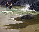 Coast Canvas Paintings - Bathers by a Rocky Coast